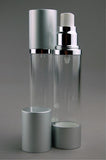 APJY Airless SPRAY Pump MSOC (for Bot 30, 50mL Kapp) Shiny-Silver with White Button + Overcap MATTE-Silver