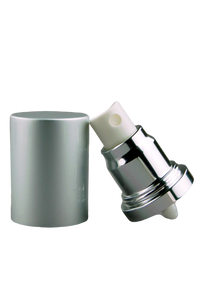 APJY Airless SPRAY Pump MSOC (for Bot 30, 50mL Kapp) Shiny-Silver with White Button + Overcap MATTE-Silver