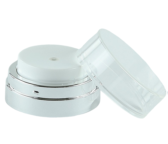 APJY Airless Lotion Pump CLOC (for Jar 50mL) Shiny-Silver with White Button + Overcap CLEAR