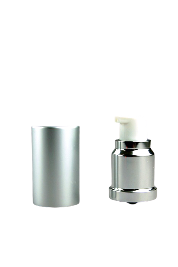 APJY Airless Lotion Pump MSOC (for Bot 15mL Kapp) Shiny-Silver with White Button + Overcap MATTE-Silver